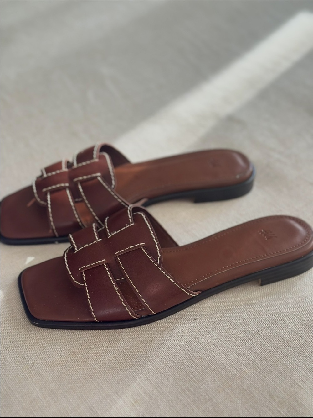H&M Brown Leather Slide Mules with Contrast Stitching